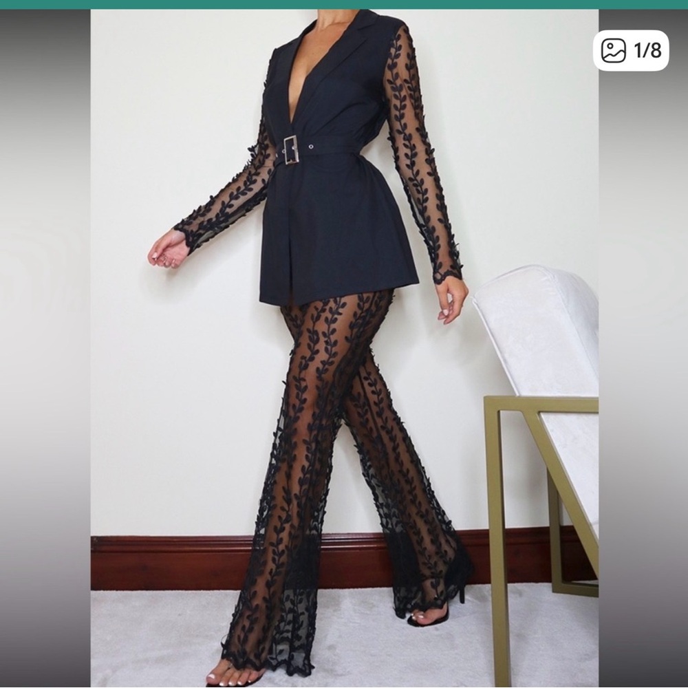 PrettyLittleThing Black Sheer Lace Jumpsuit